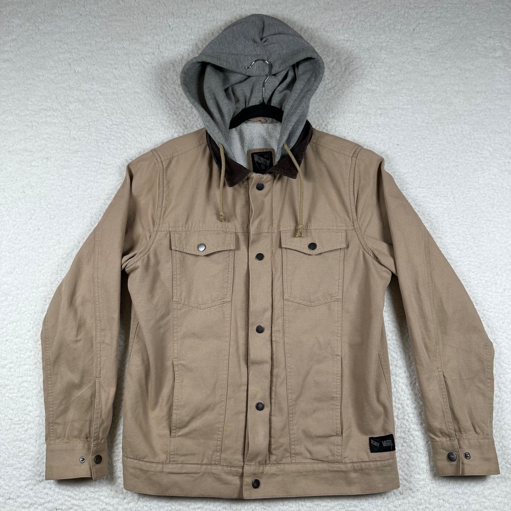 Vans AV Edict II Hooded Trucker Jacket Mens M Tan Canvas Skater Workwear Utility